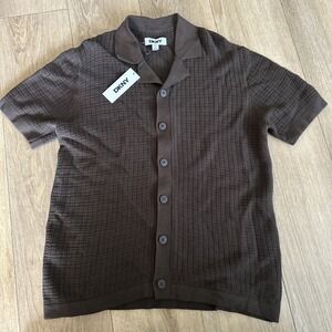 DKNY Men's S/S Polo Knit Cardigan Button Up Brown Small NWT‎